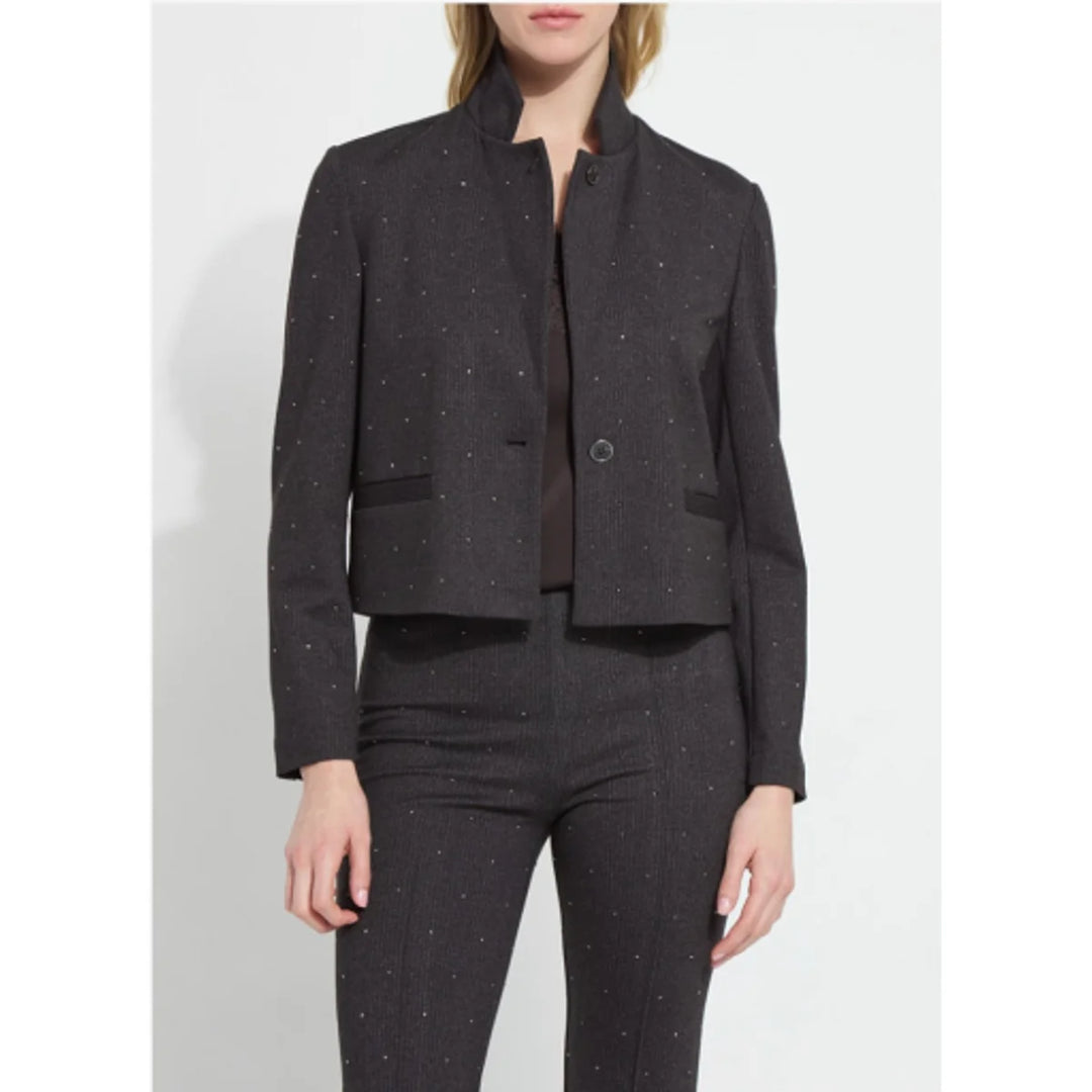Crystal Embellished Crop Blazer in charcoal with scattered crystals and stand collar, front view