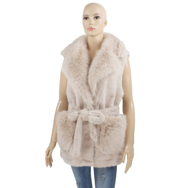 Stunner Faux Fur Vest in Beige, belted faux fur vest