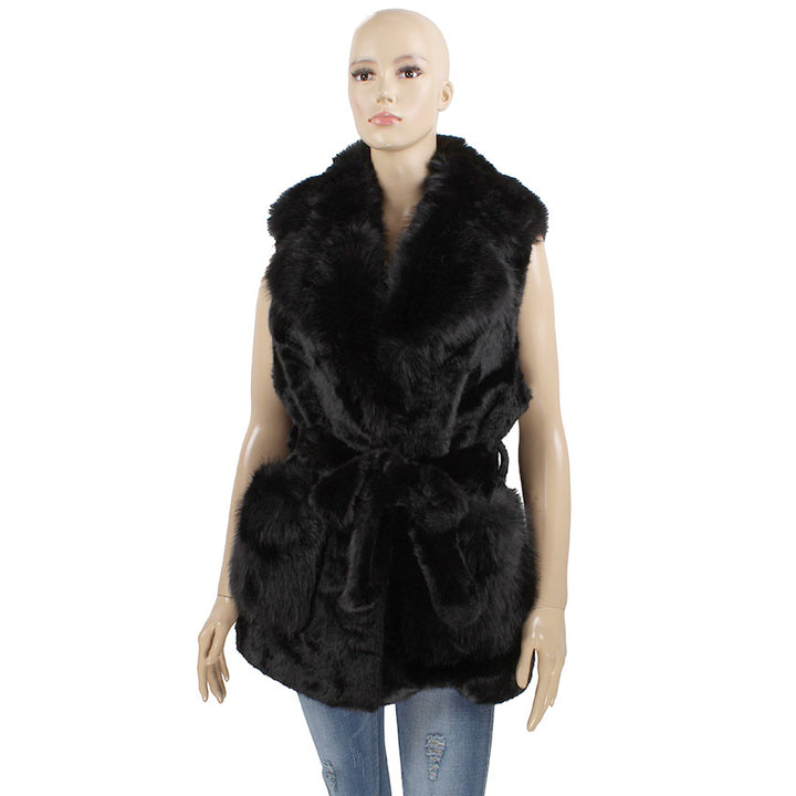 Stunner Faux Fur Vest in Black, belted faux fur vest