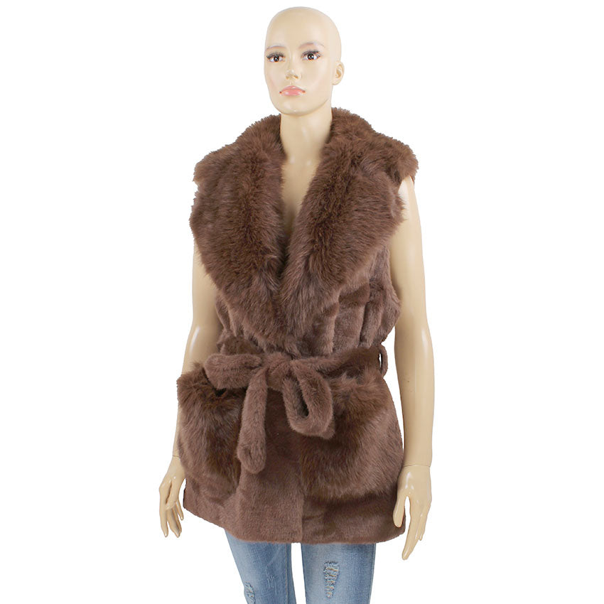 Stunner Faux Fur Vest in Coffee, belted faux fur vest