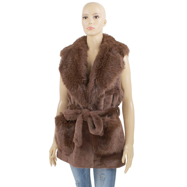 Stunner Faux Fur Vest in Coffee, belted faux fur vest