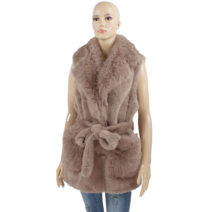 Stunner Faux Fur Vest in Khaki, belted faux fur vest