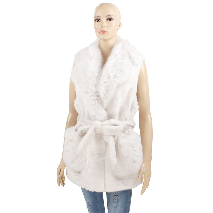 Stunner Faux Fur Vest in White, belted faux fur vest