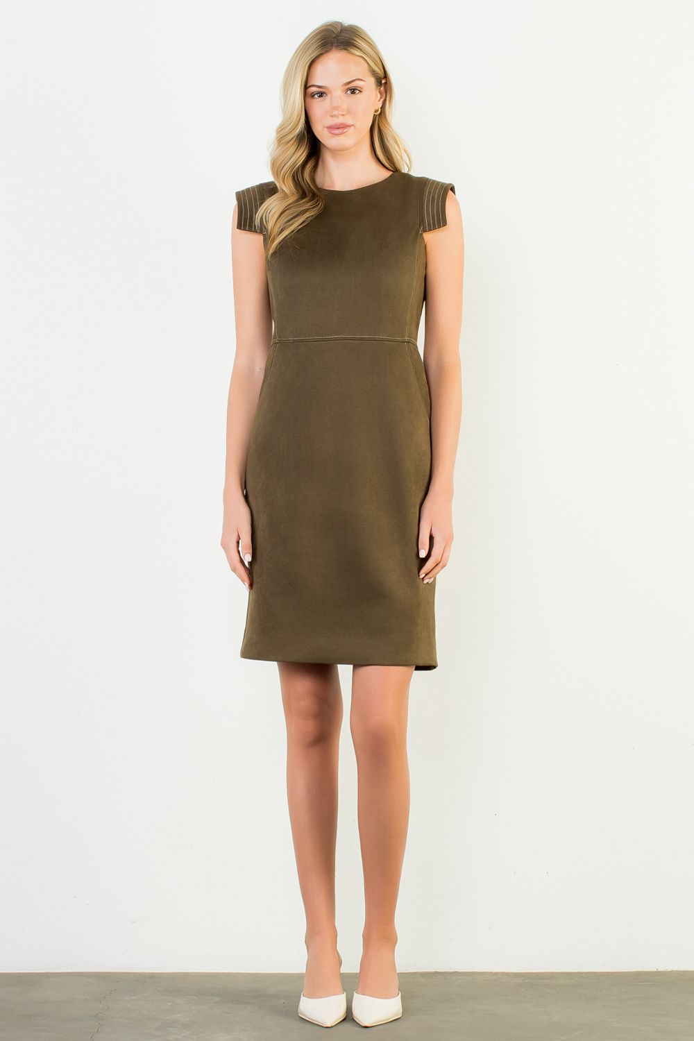 suede knee length dress Quill with Short Sleeves in Suede Fit and Flare
