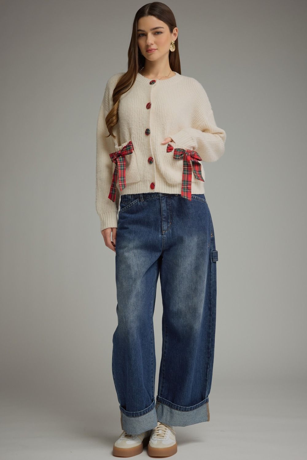 Tied Up in Tartan Bow Cardigan in cream, full-length view styled with wide-leg jeans
