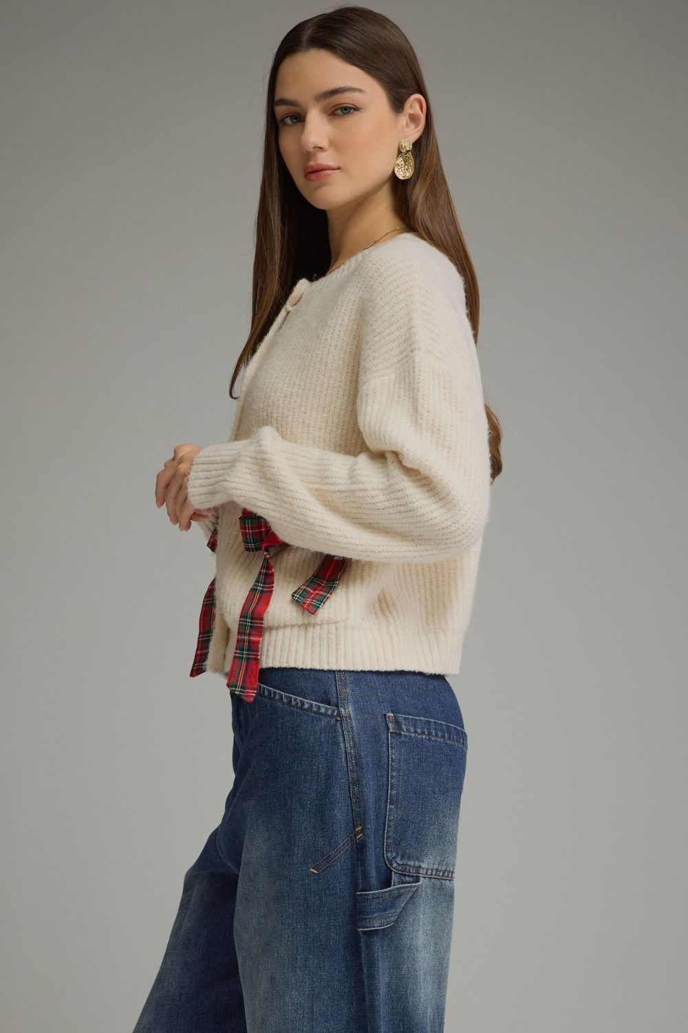 Tied Up in Tartan Bow Cardigan in cream, side view