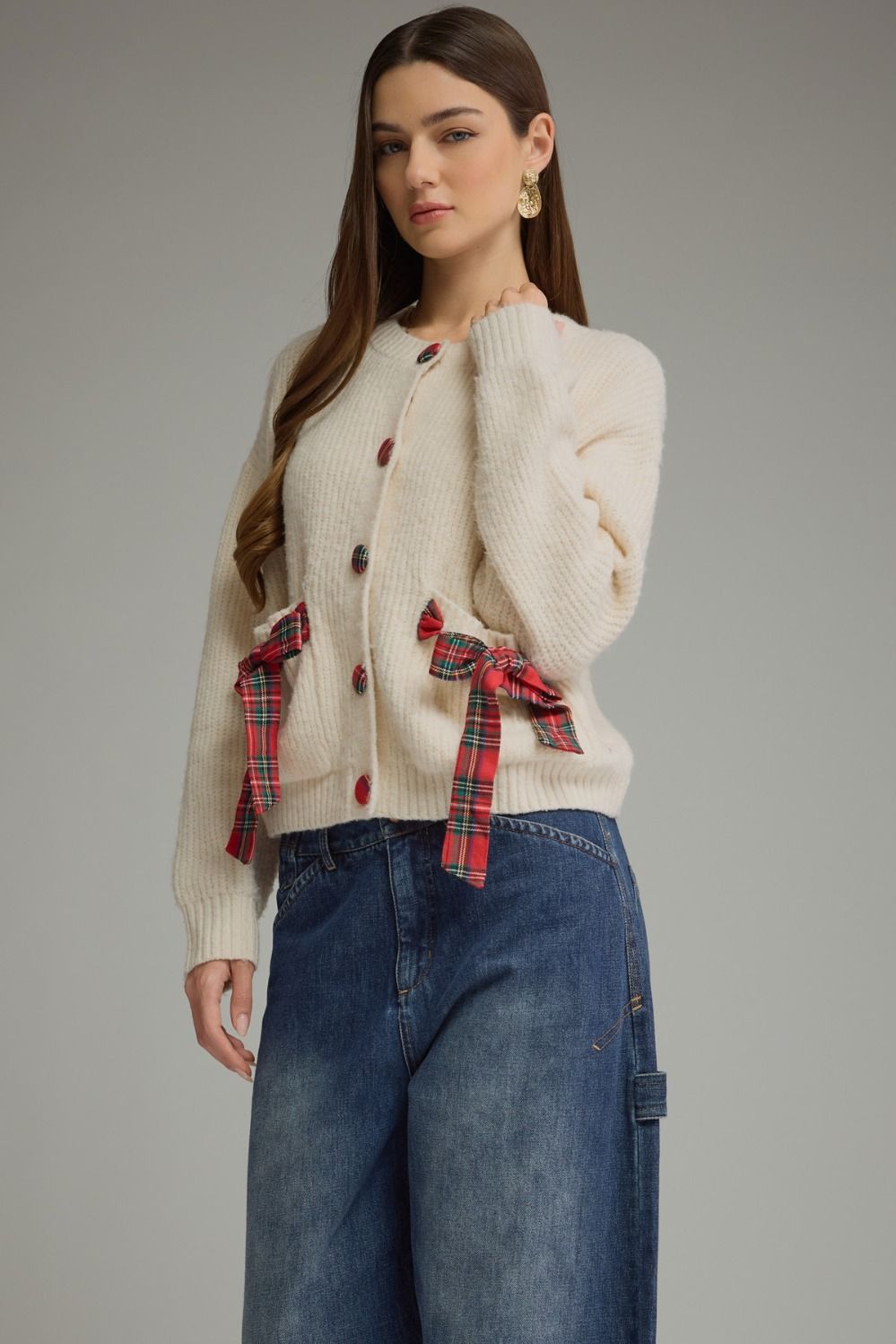 Tied Up in Tartan Bow Cardigan in cream, three-quarter front view