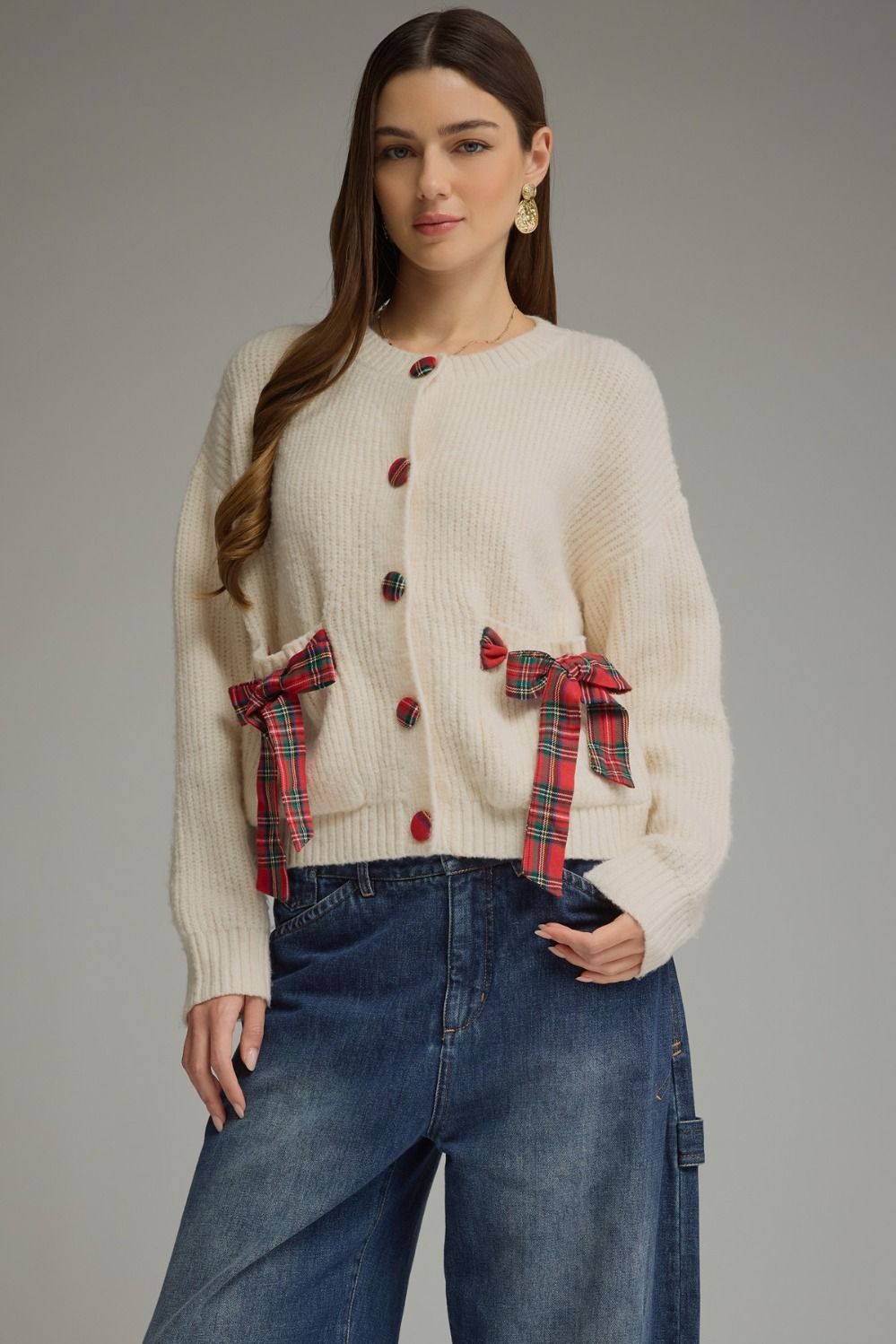 Tied Up in Tartan Bow Cardigan in cream with plaid bow pockets, front view