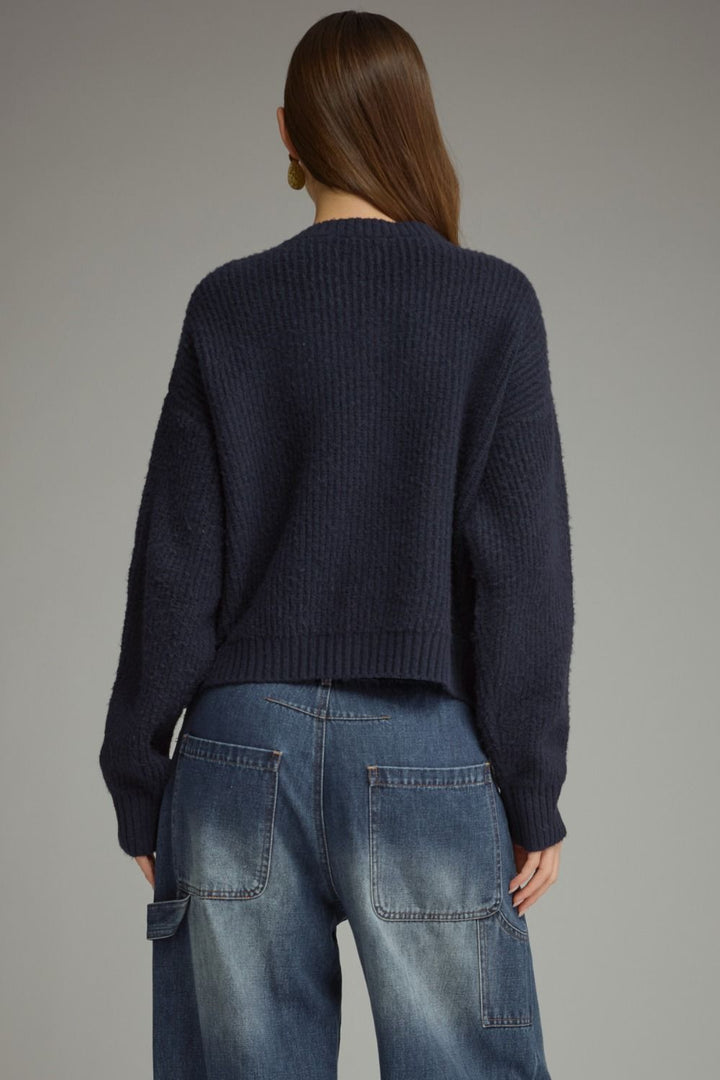 Tied Up in Tartan Bow Cardigan in navy, back view
