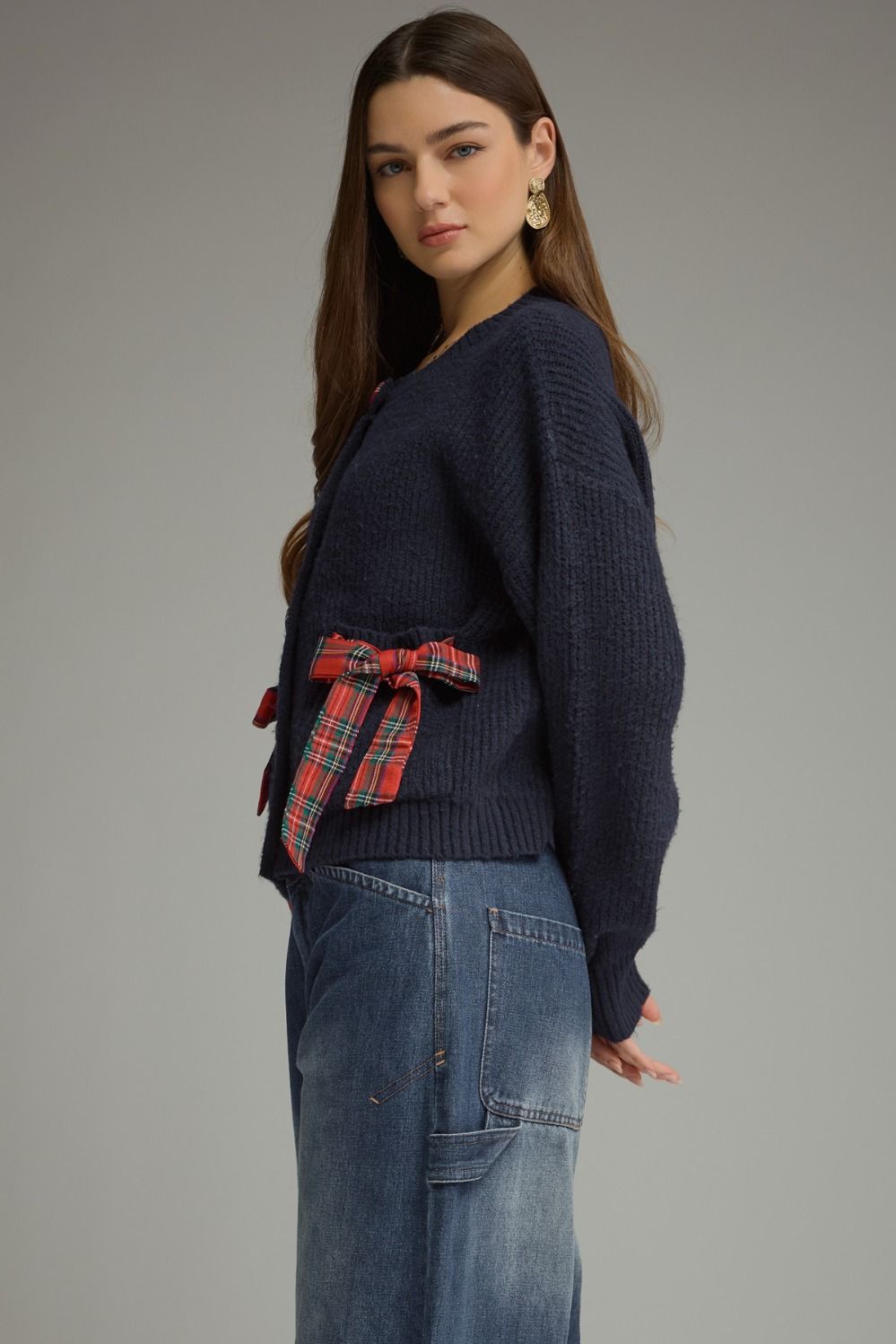 Tied Up in Tartan Bow Cardigan in navy, side view