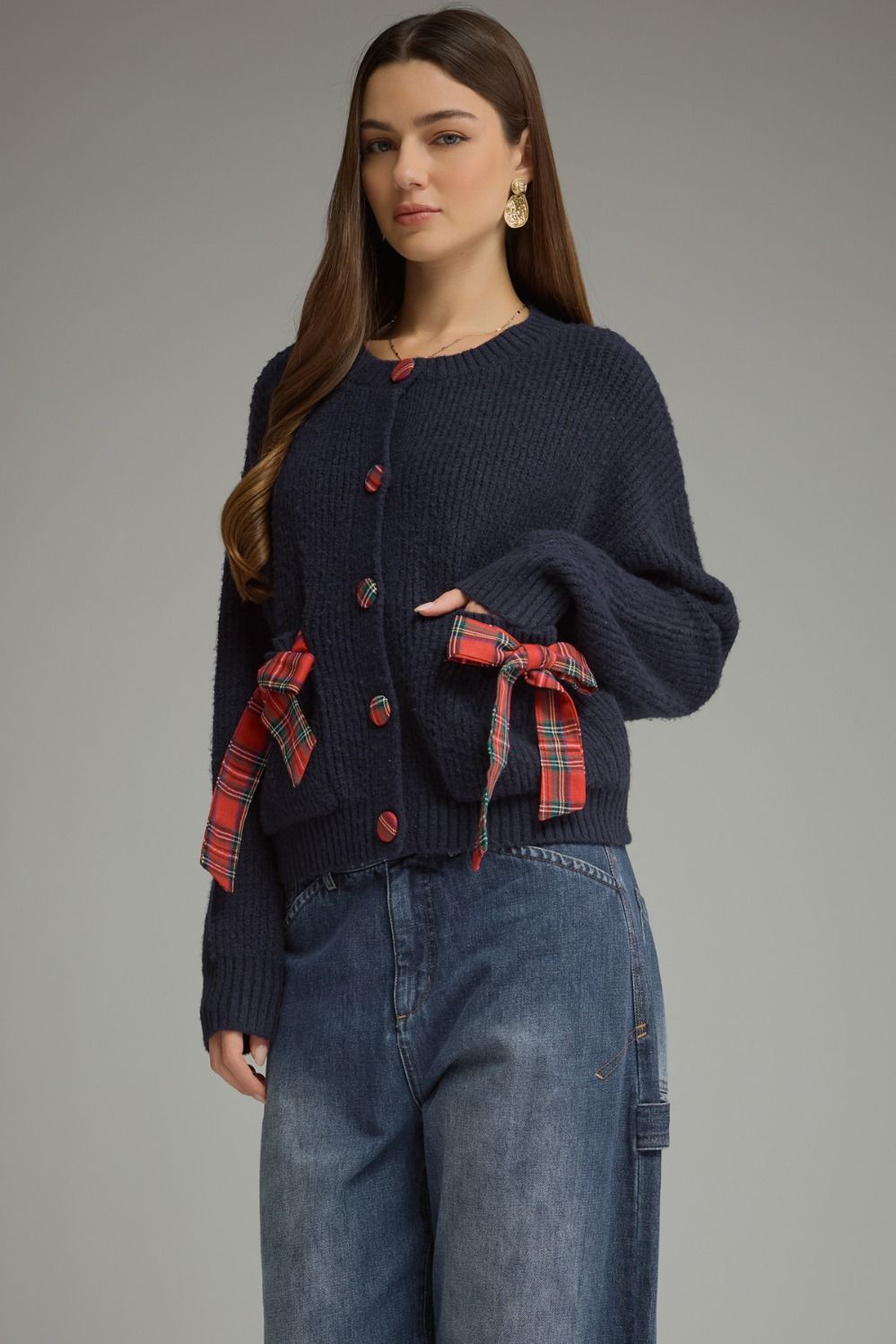 Tied Up in Tartan Bow Cardigan in navy, three-quarter front view