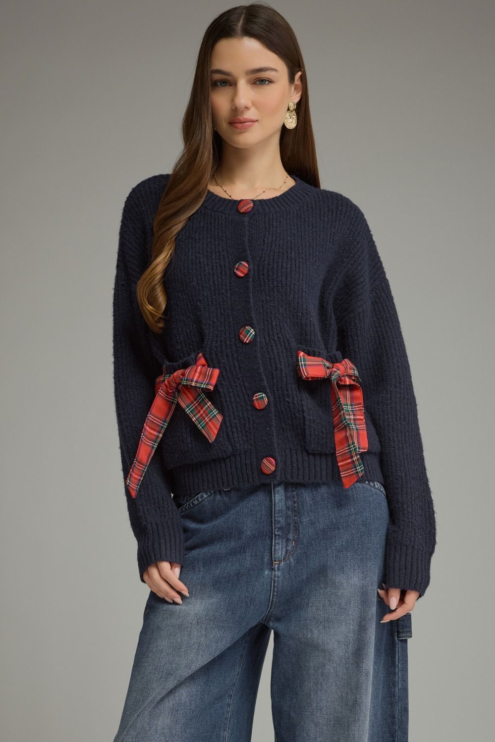 Tied Up in Tartan Bow Cardigan in navy with plaid bow pockets, front view