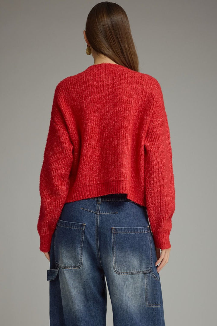 Tied Up in Tartan Bow Cardigan in red, back view
