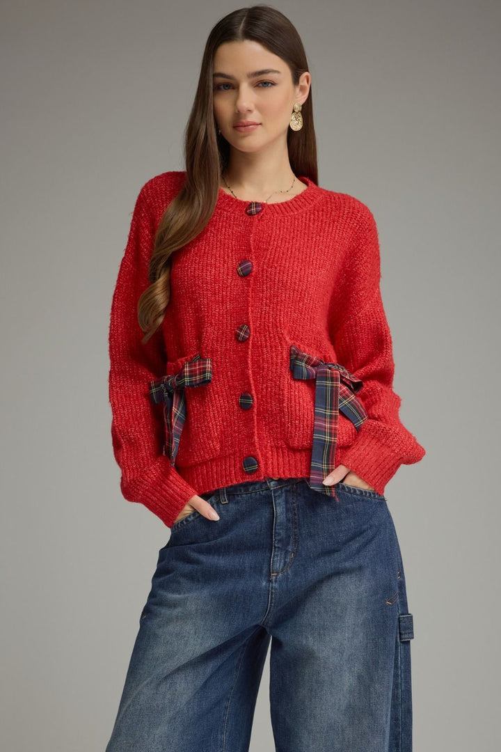 Tied Up in Tartan Bow Cardigan in red, front view