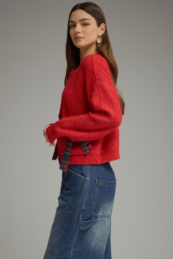 Tied Up in Tartan Bow Cardigan in red, side view