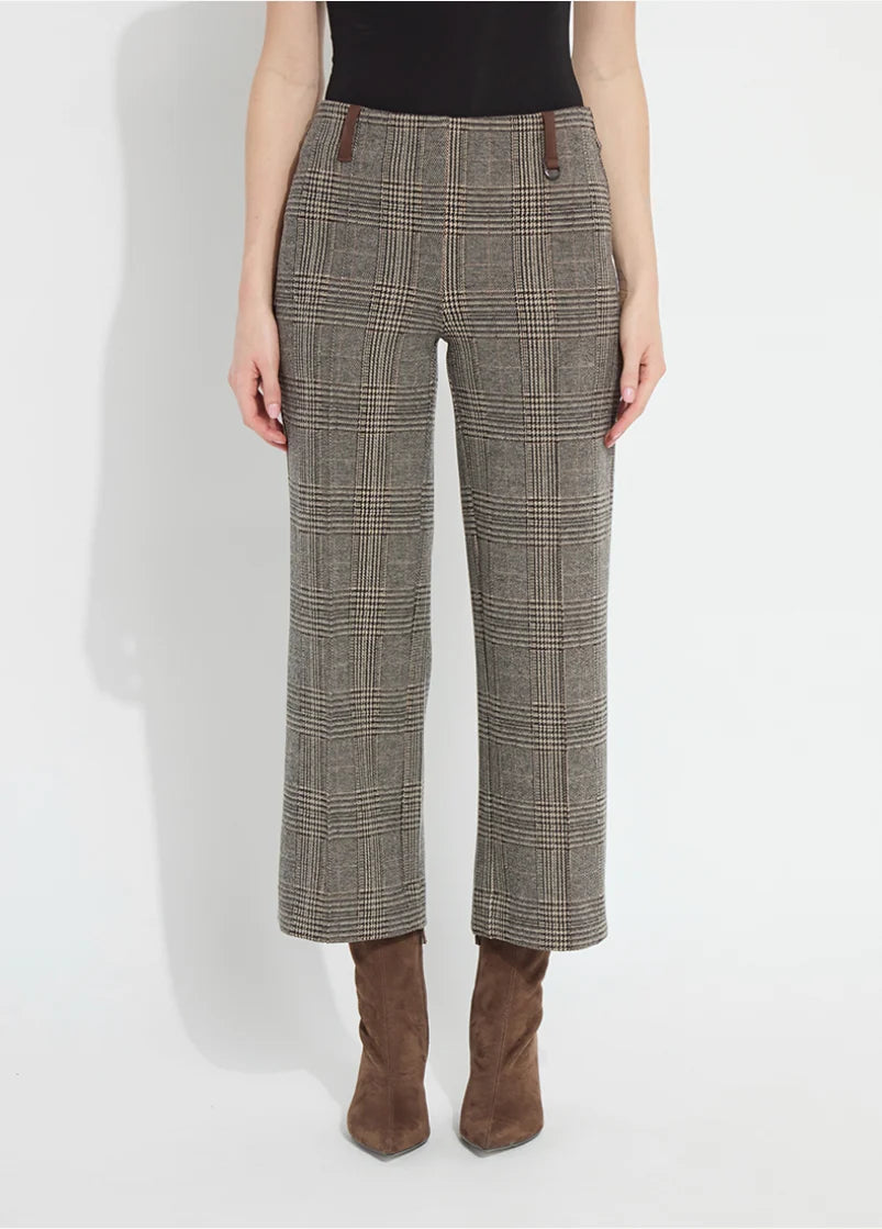 Cambridge Ponte Ankle Pant in brown glen plaid with cropped wide leg and tab details, front view