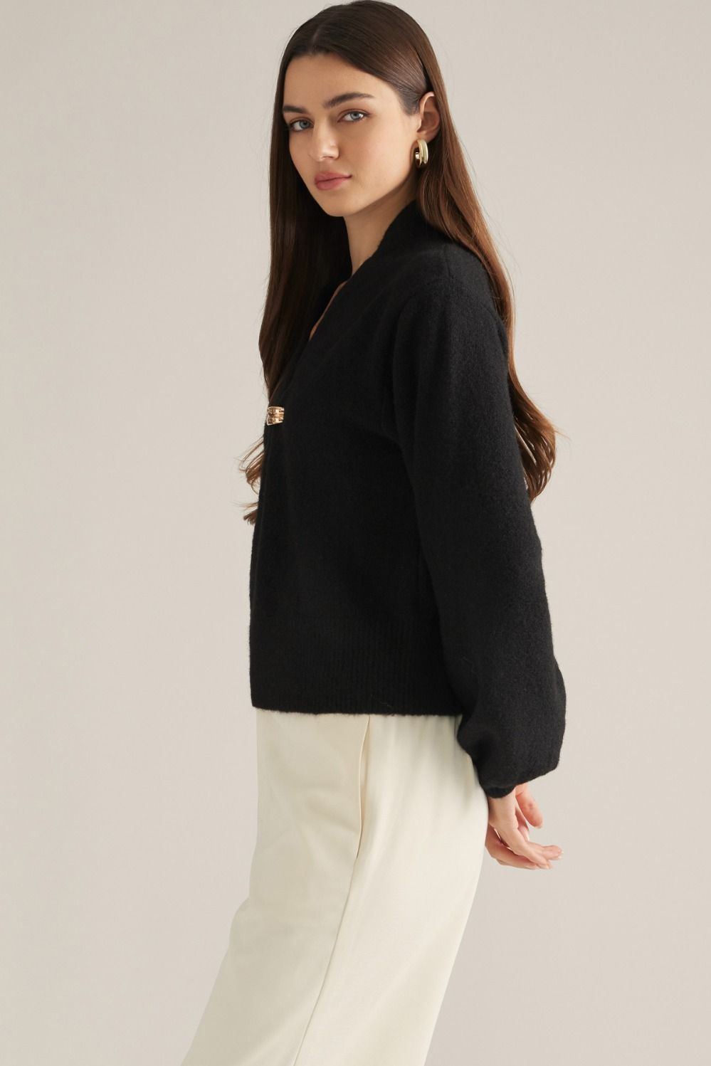 Vivienne Gold Clasp Collared Sweater in black, side view showing balloon sleeves