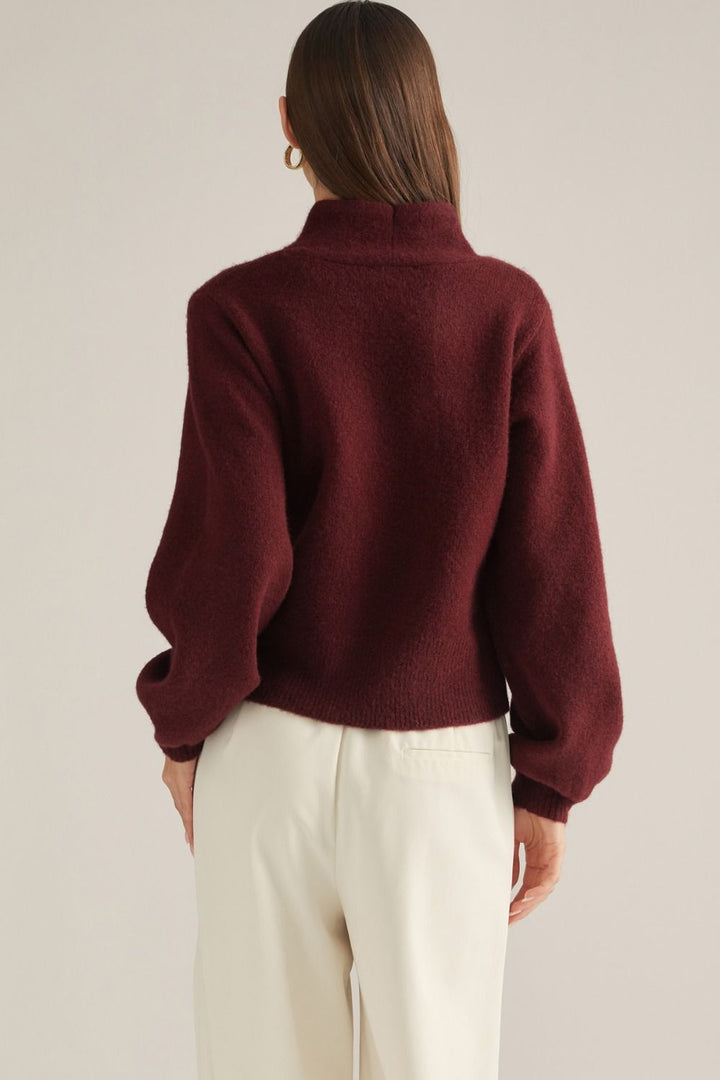 Vivienne Gold Clasp Collared Sweater in burgundy, back view