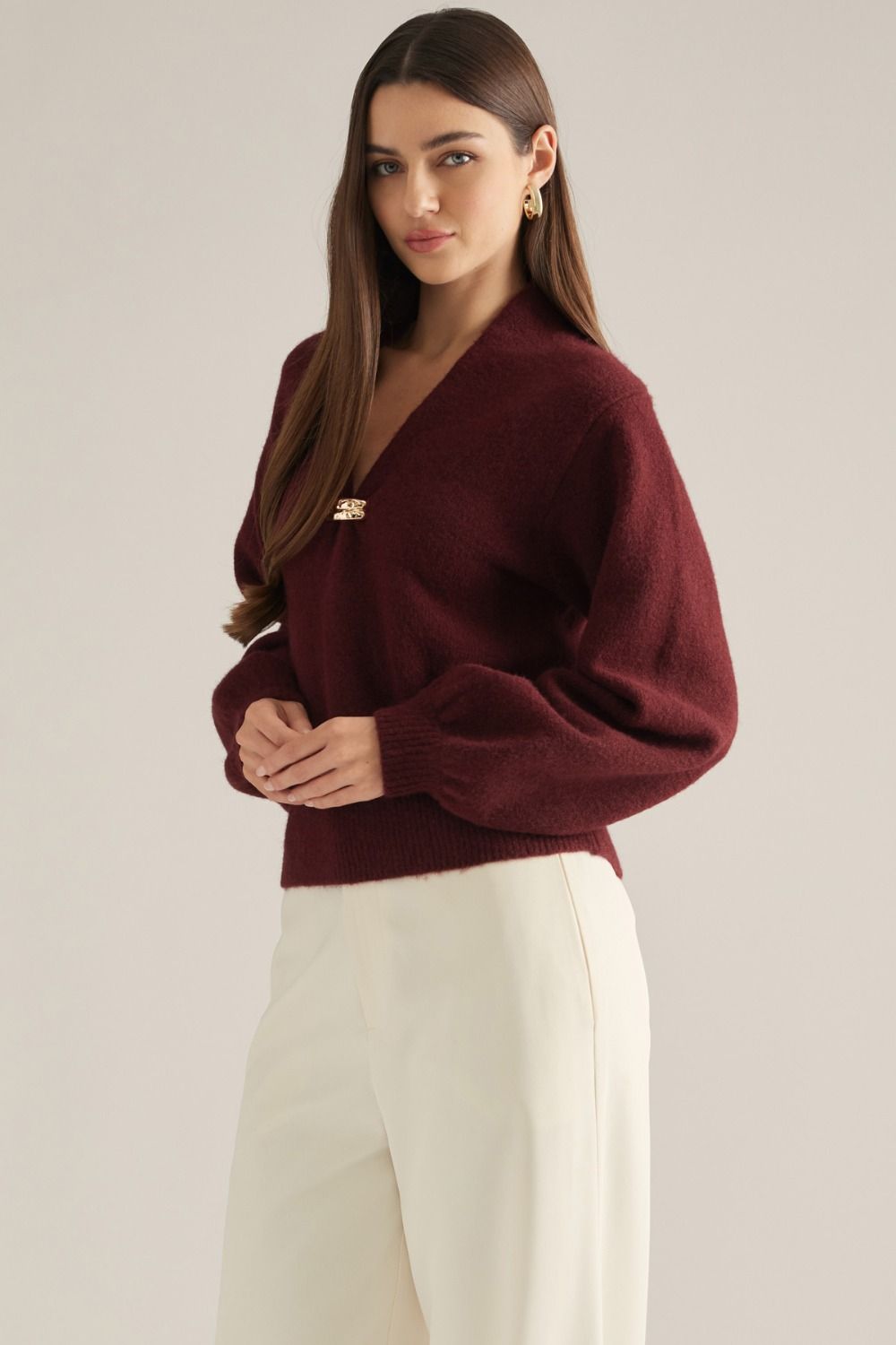 Vivienne Gold Clasp Collared Sweater in burgundy, three-quarter front view