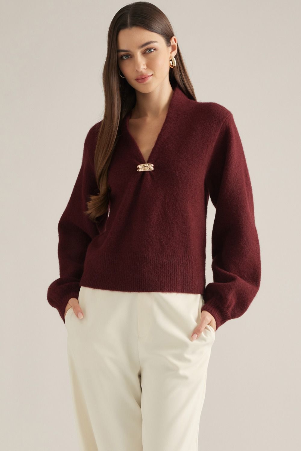 Vivienne Gold Clasp Collared Sweater in burgundy with gold clasp V-neckline, front view