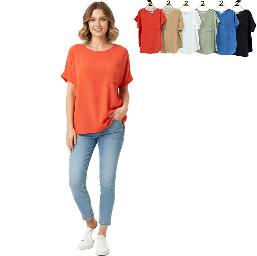 Woman wearing an orange top with a side view, surrounded by color swatches of the top.