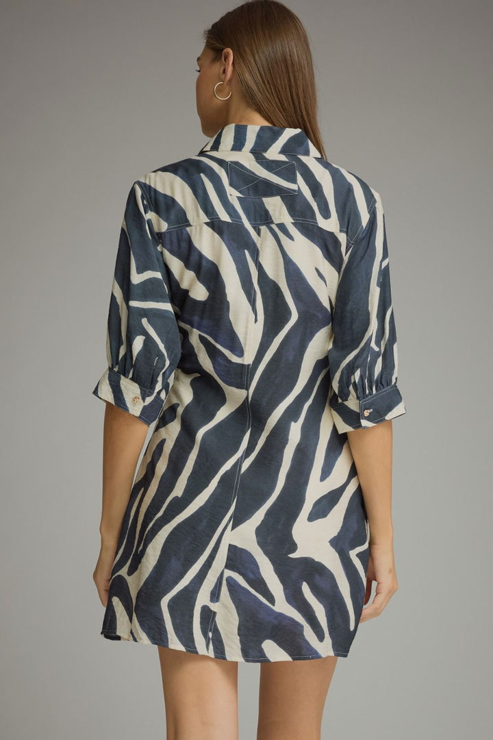 Zuri Tie-Waist Shirt Dress in navy and cream print, back view