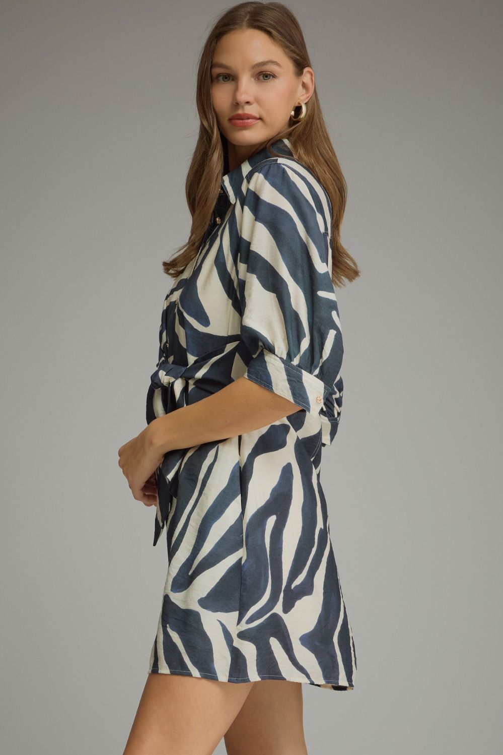 Zuri Tie-Waist Shirt Dress in navy and cream print, side view