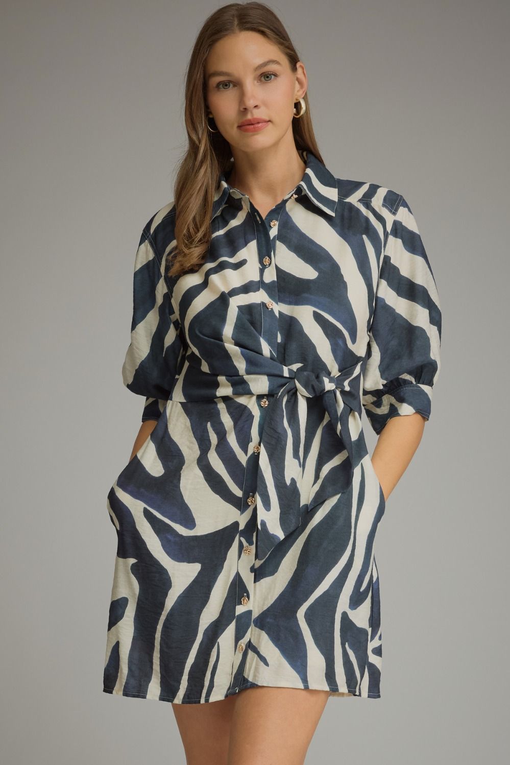 Zuri Tie-Waist Shirt Dress in navy and cream print with tie waist, front view