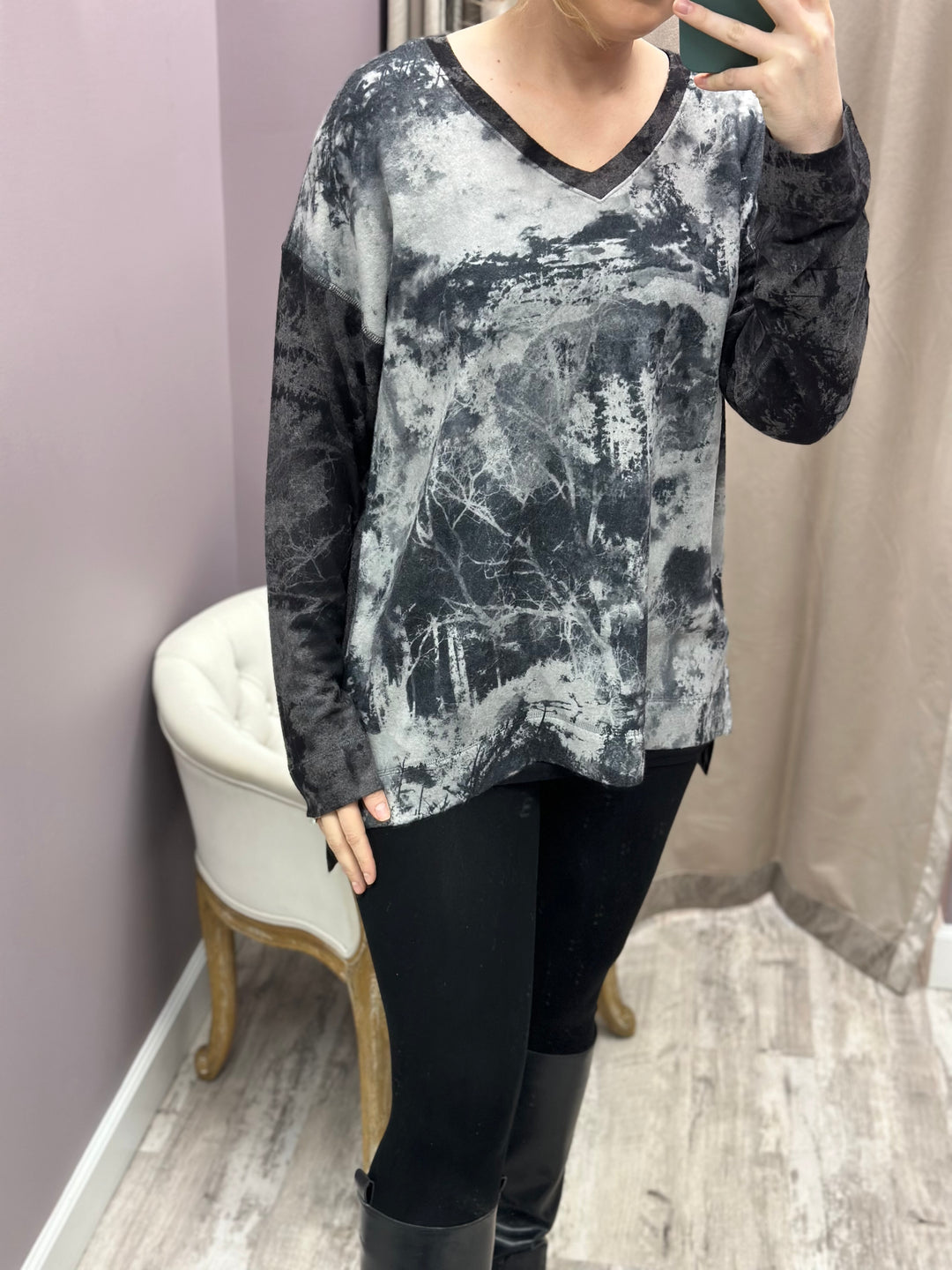 Printed Forest V-neck Top